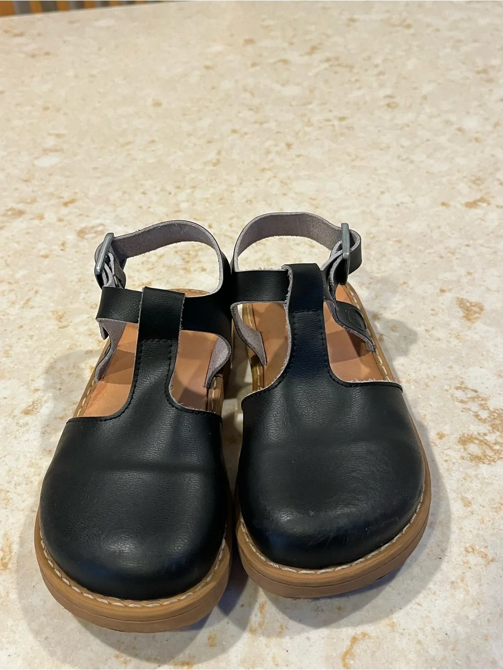 Kids Black T-Strap Leather Sandals